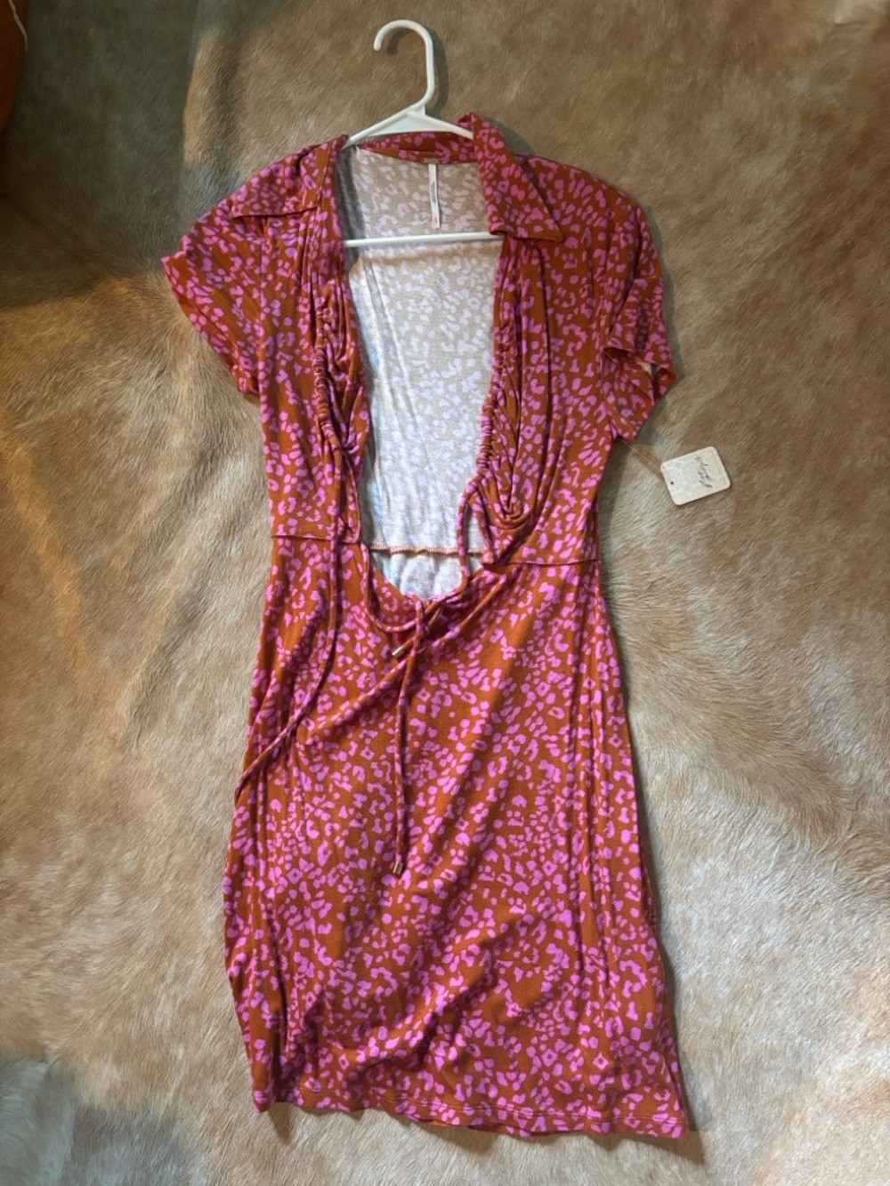 Free People Deep V Ruffle Short Dress — Pink & Red Animal Print